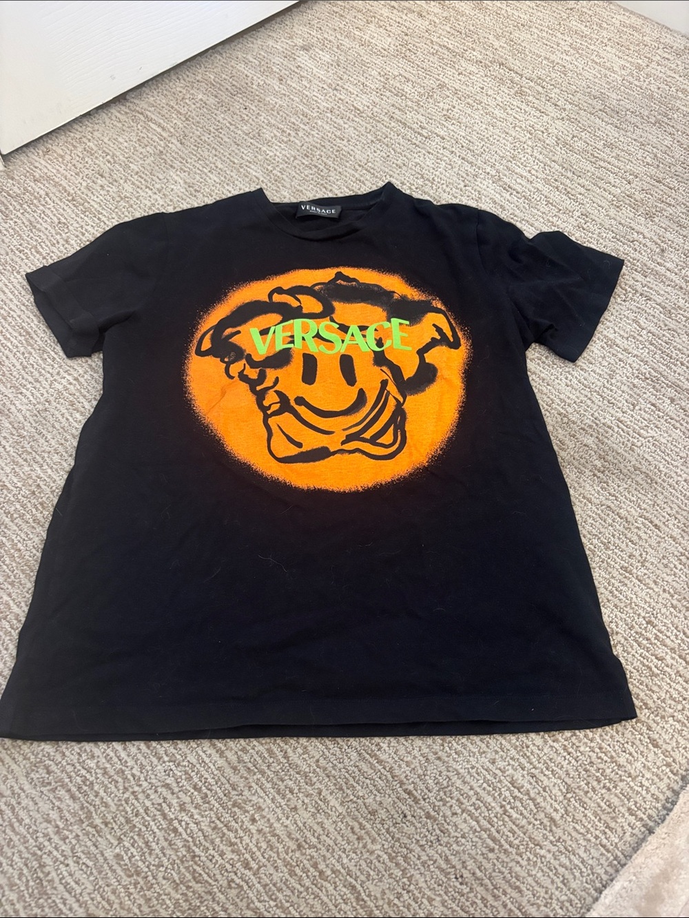 Versace Black Tee with Orange Medusa Smile and Green Logo